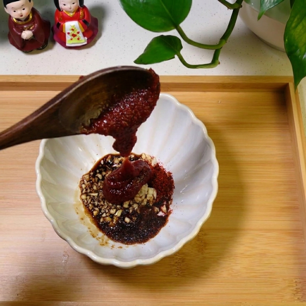 Primo piano di una mano che mescola gli ingredienti della salsa in una ciotola con un piccolo cucchiaio di legno.