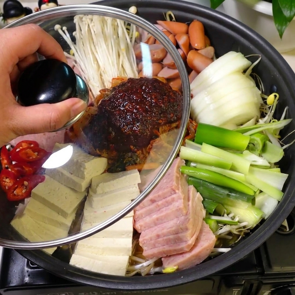 Due blocchi di noodles di ramen secchi posizionati al centro di una pentola di stufato bollente.