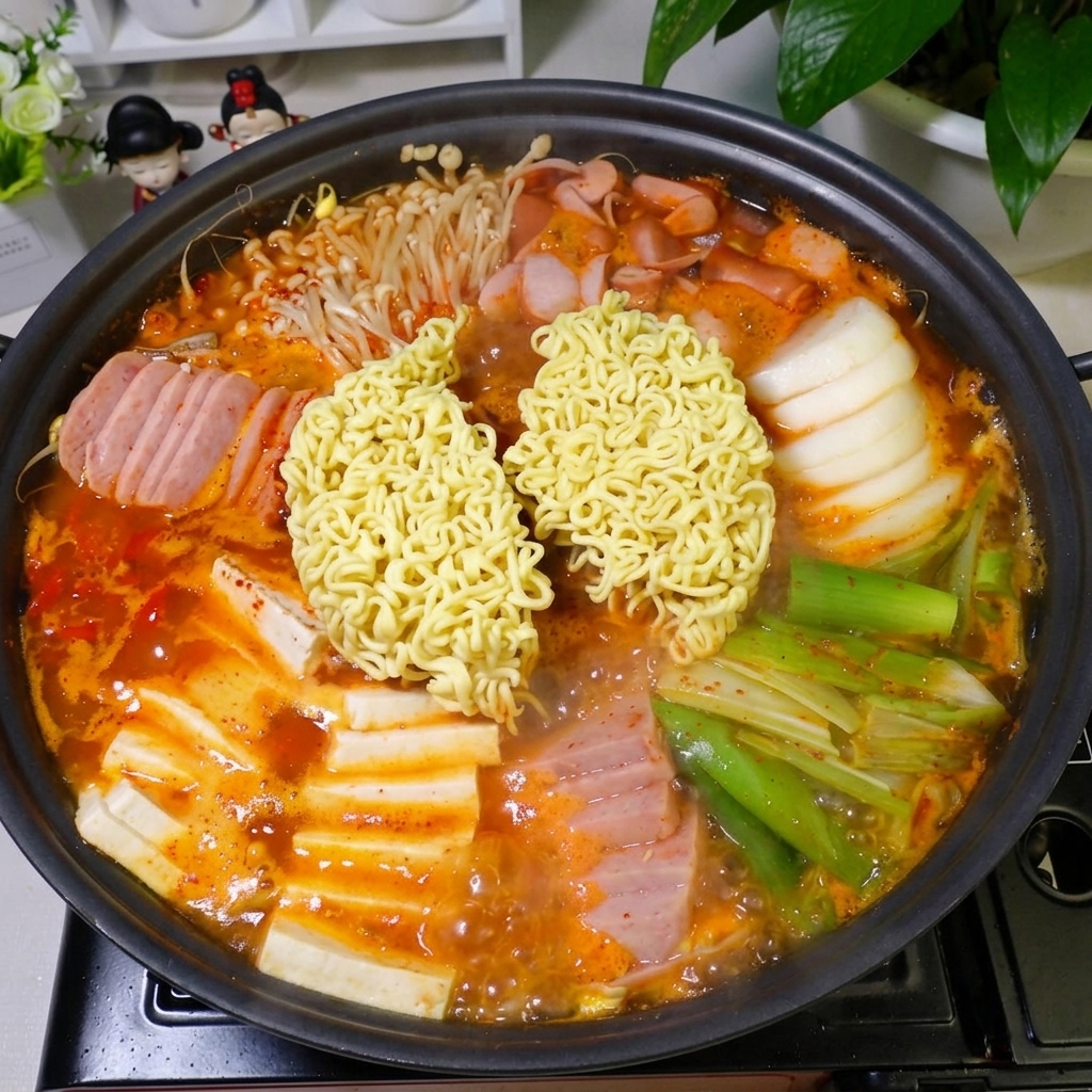 Una fetta di formaggio giallo che si scioglie sopra i noodles di ramen nello stufato fumante.