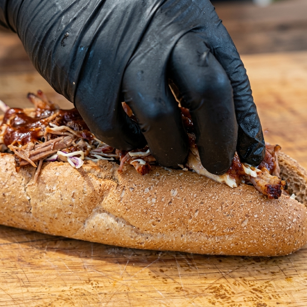 Mani che premono il ripieno di pulled pork e coleslaw dentro una baguette integrale calda.