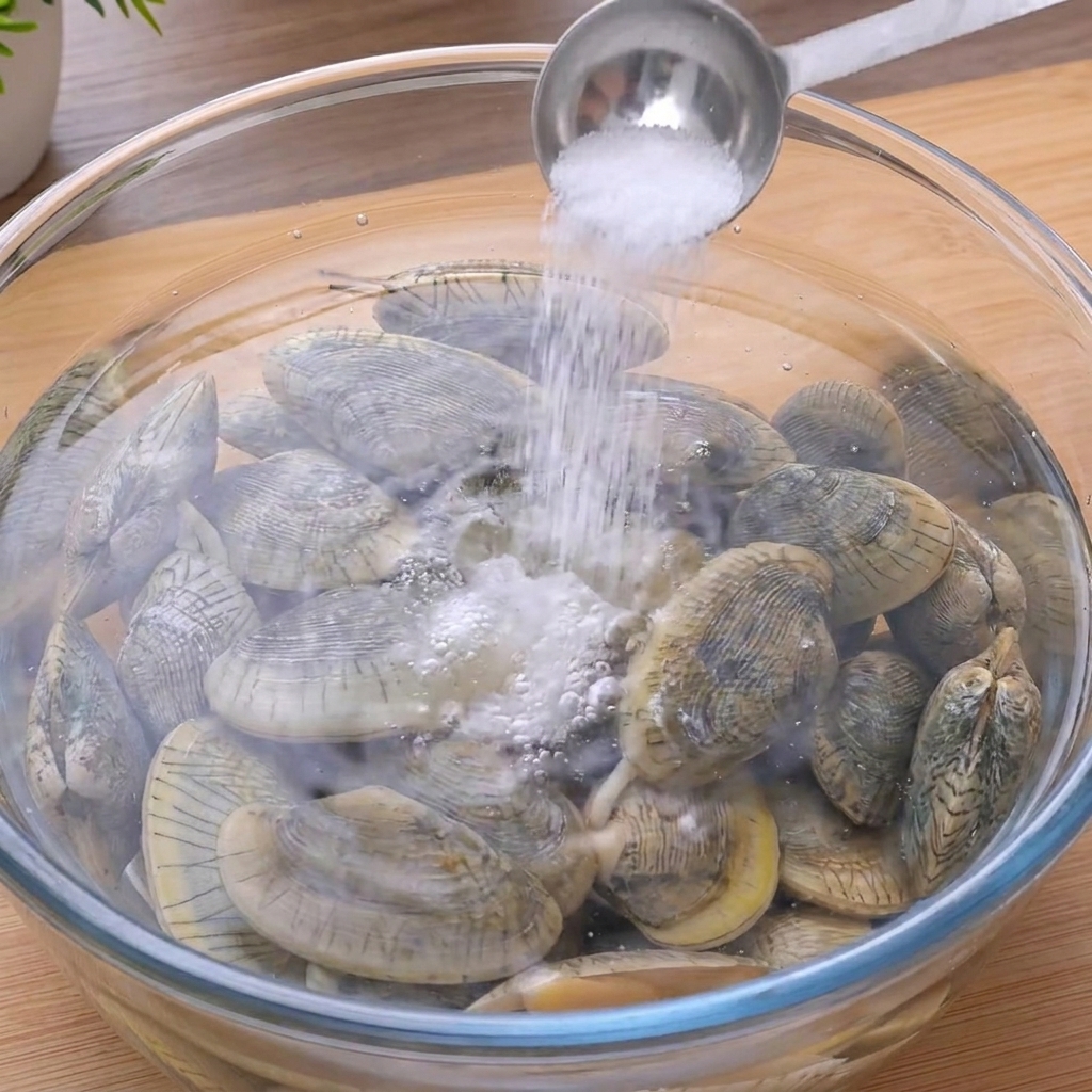 Un cucchiaio versa del sale in una ciotola di vetro con acqua e vongole crude.