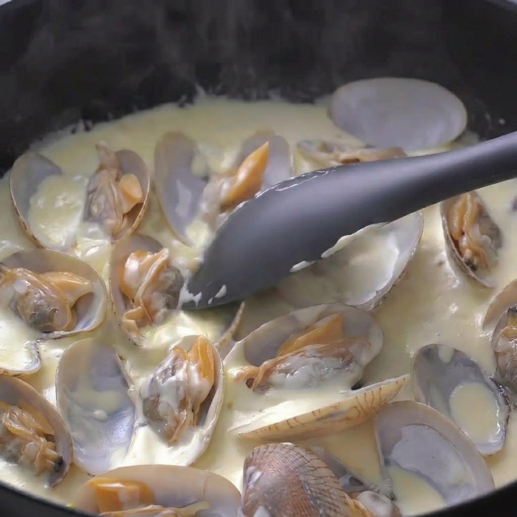 Una spatola grigia mescola la panna nelle vongole per creare una salsa densa.