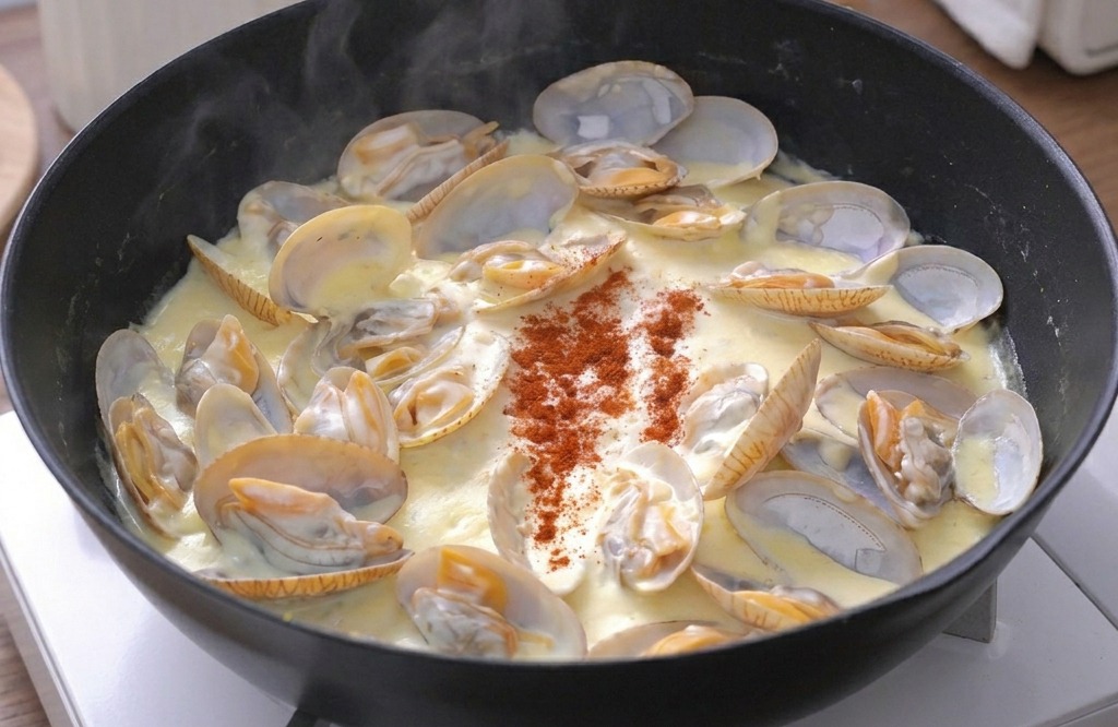 Una padella di vongole cremose che sobbolle su un fornello portatile bianco.