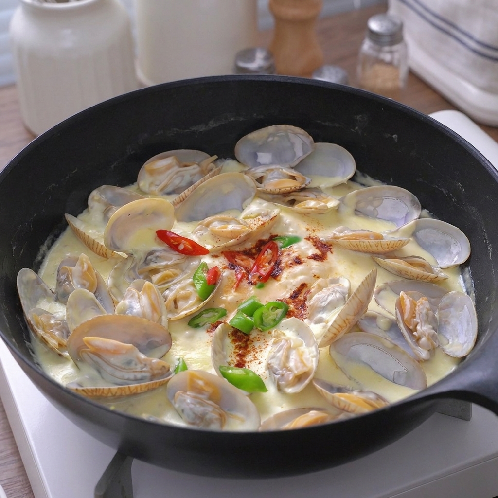 Una mano condisce le vongole in salsa bianca con un pizzico di sale e zucchero.