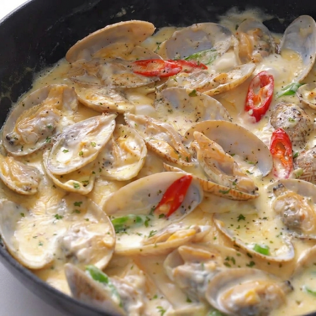 Peperoncini freschi sparsi su vongole in una densa salsa bianca cremosa.
