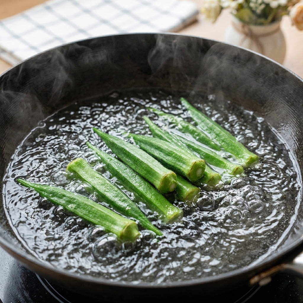 Baccelli di okra verdi sbollentati in una pentola di acqua bollente.
