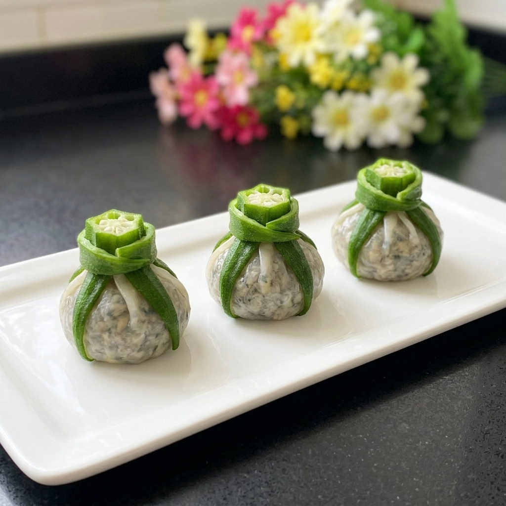 Tre baccelli di okra ripieni disposti artisticamente su un piatto rettangolare bianco prima della cottura.