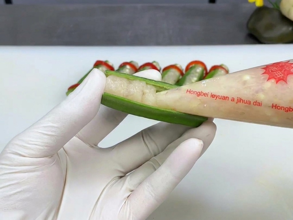 Una mano guantata tiene un baccello di okra diviso mentre una sac à poche riempie il centro con pasta di gamberi.