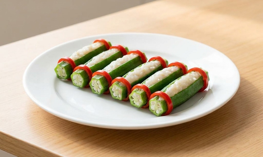 Piatto bianco con file di okra verde ripiena, ognuna decorata con due anelli di peperoncino rosso.