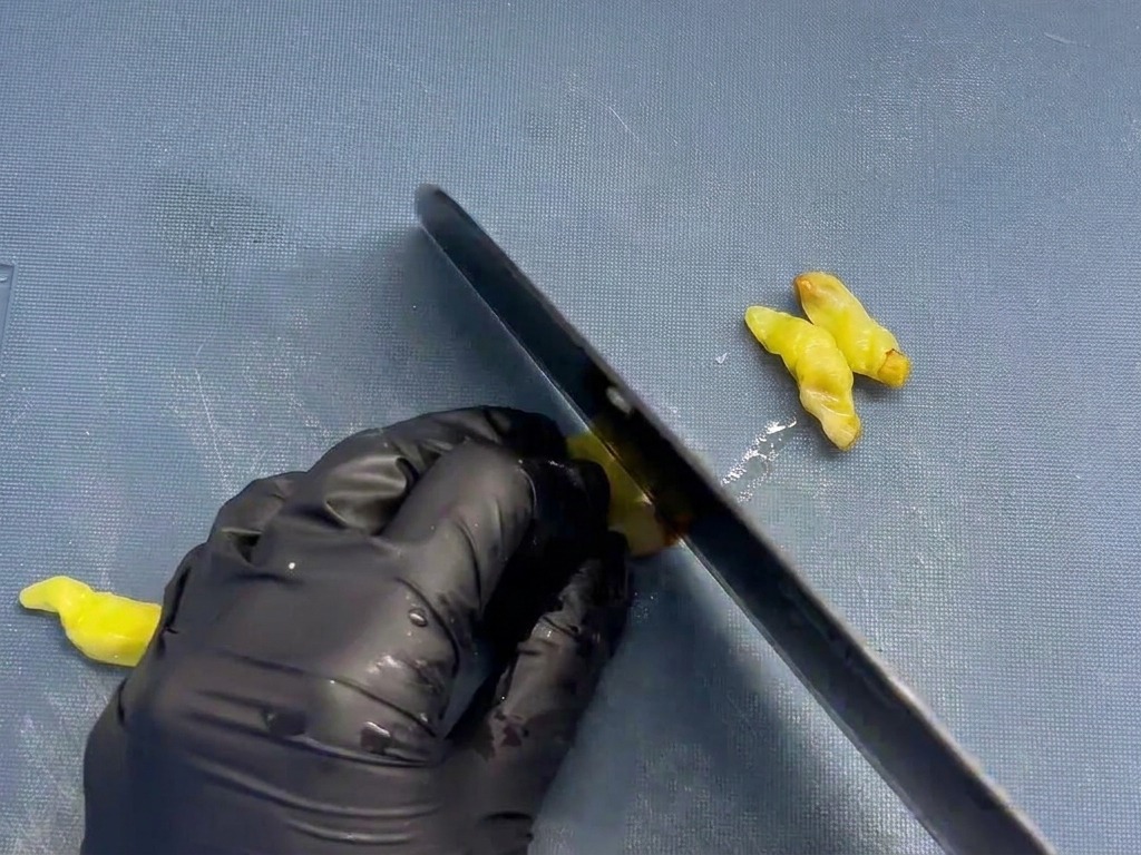 Uno chef usa un coltello nero per tritare finemente piccoli peperoncini gialli sottaceto su un tagliere blu.