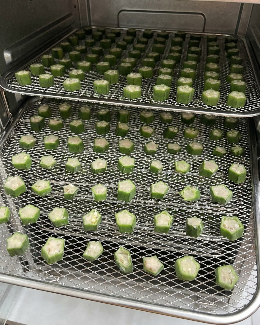 Due griglie metalliche piene di snack per animali di okra e pollo allinterno di un essiccatore durante il processo di asciugatura.
