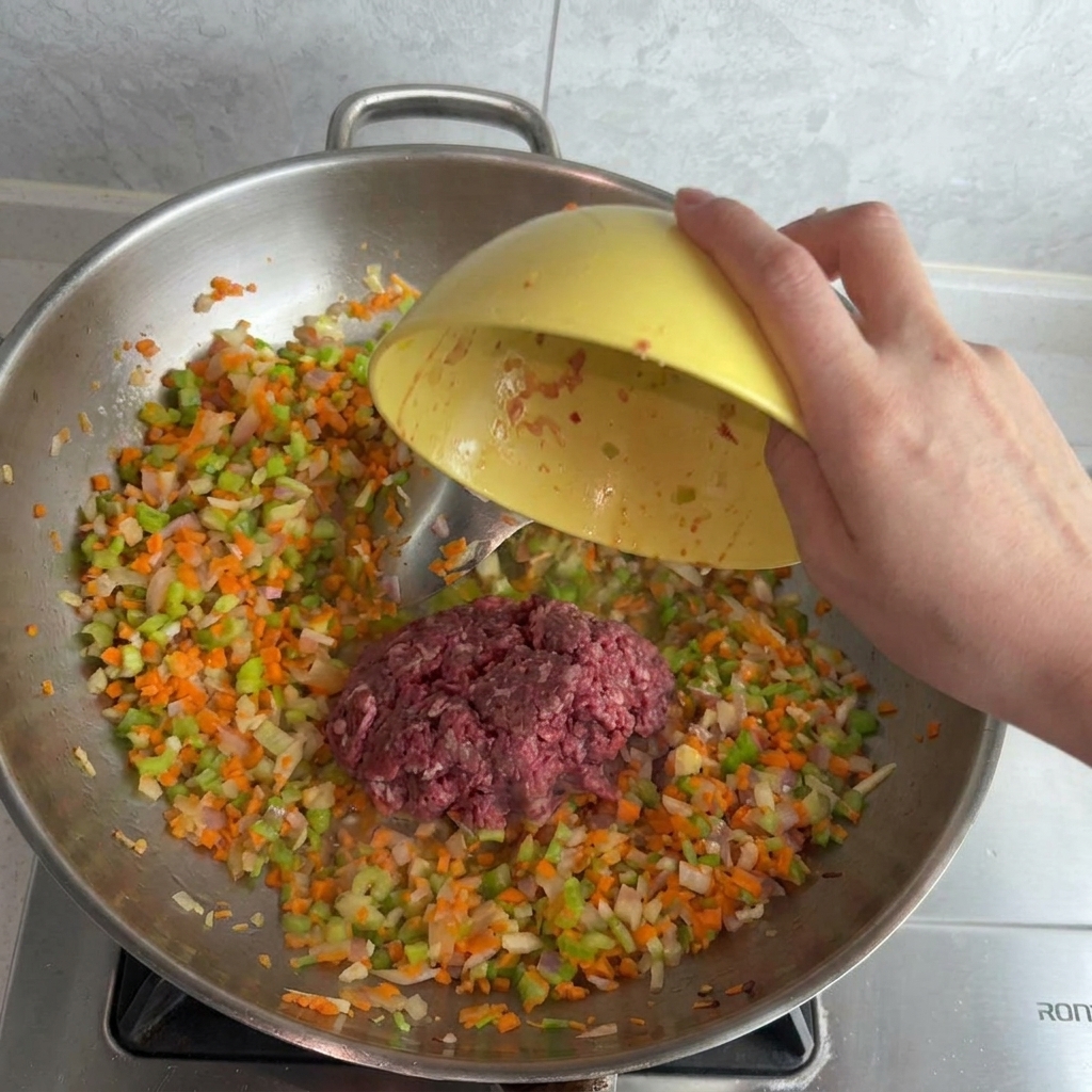 Carne macinata cruda viene versata da una ciotola gialla in una grande padella piena di soffritto di carote, sedano e cipolle.