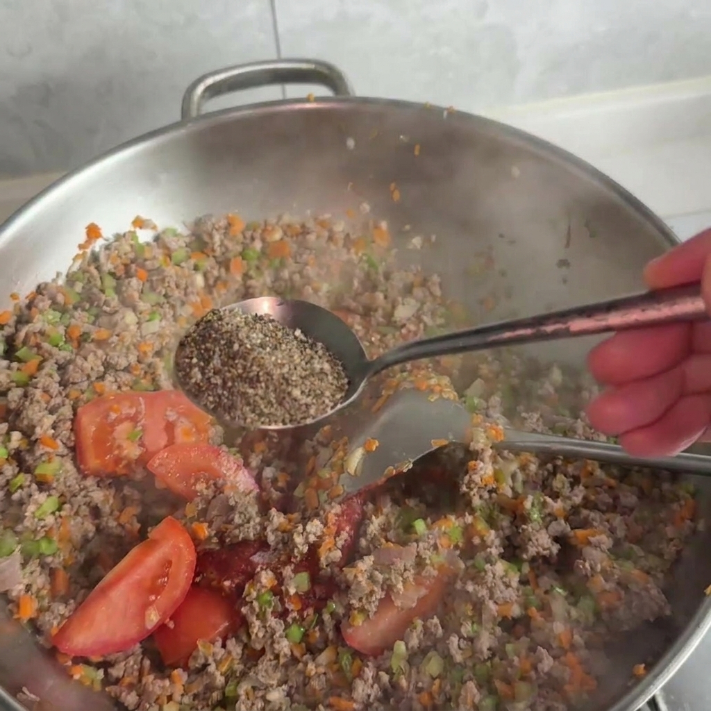 Un grande cucchiaio di metallo pieno di pepe nero viene tenuto sopra una padella con ragù di carne e verdure che bolle.