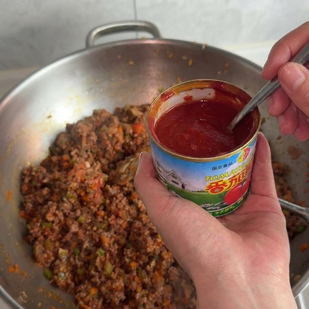 Una mano tiene un barattolo aperto di concentrato di pomodoro e usa un cucchiaio per aggiungerlo alla carne macinata cotta.