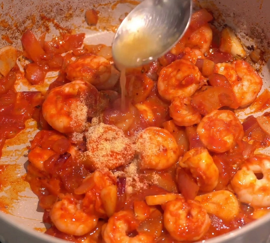 Spezie aggiunte ai gamberi in salsa rossa, con del liquido versato da un cucchiaio.