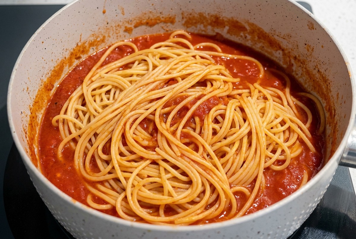 Spaghetti cotti adagiati sopra una salsa rossa bollente in una padella chiara.