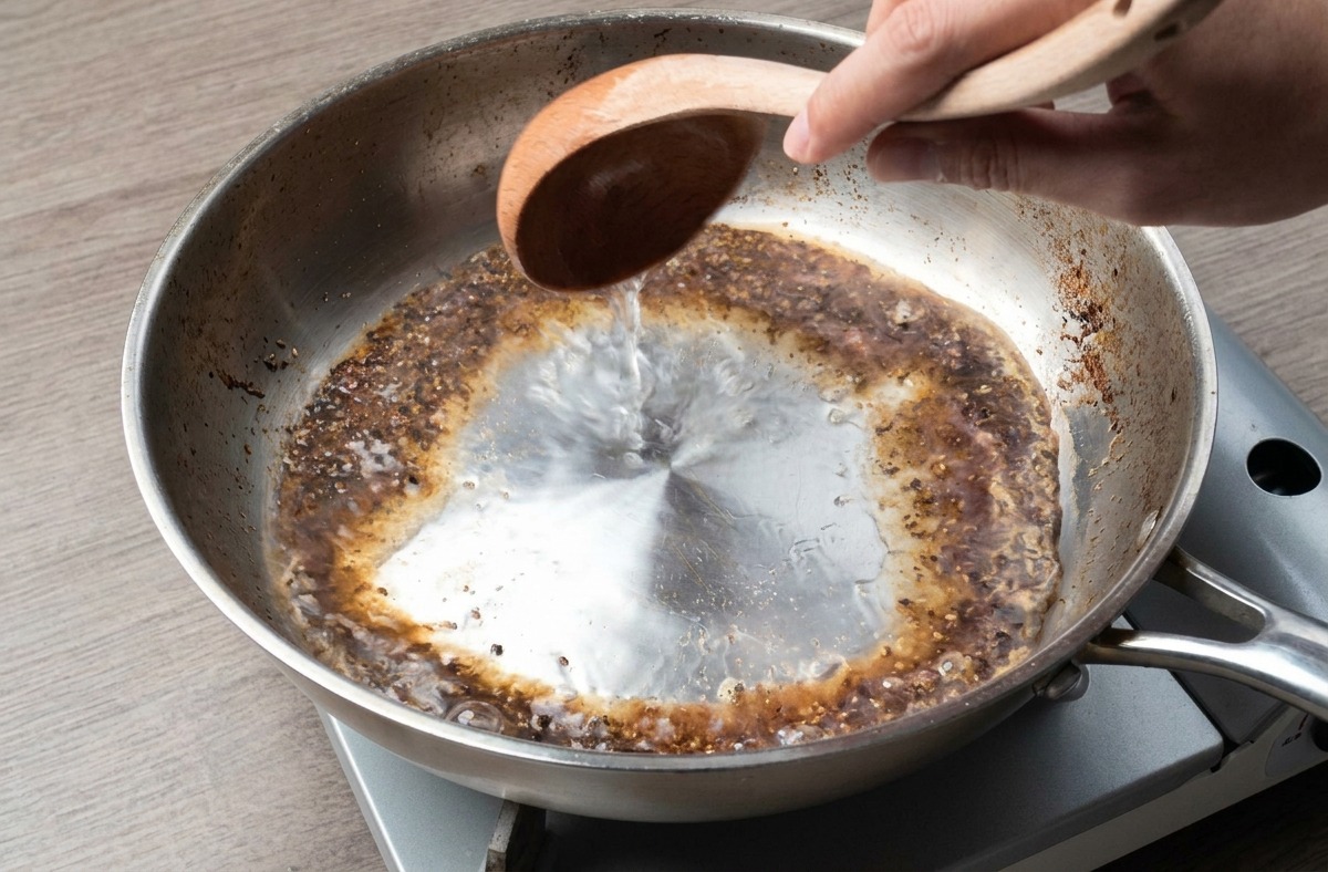 Acqua di cottura amidosa versata con un mestolo in una padella con pepe tostato, creando una base liquida.