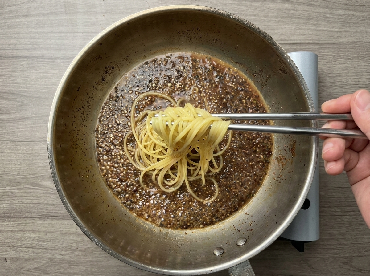Un ciuffo di spaghetti sollevato con le pinze e trasferito in una padella contenente lacqua al pepe.