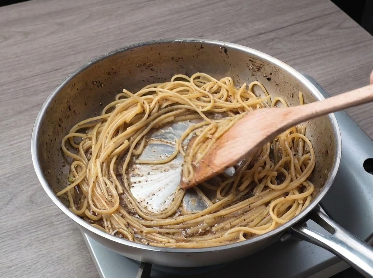 Spaghetti saltati con un cucchiaio di legno in padella per legare la salsa al pepe.