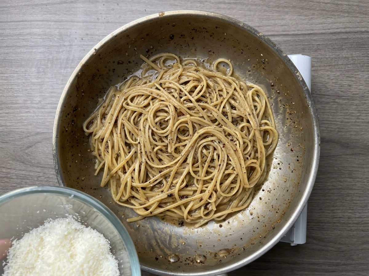 Formaggio bianco grattugiato finemente aggiunto agli spaghetti in padella dopo aver spento il fuoco.