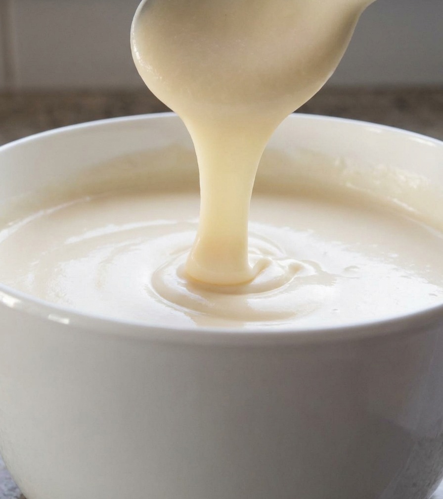 Una salsa al formaggio bianca, densa e cremosa che cola lentamente da un cucchiaio bianco in una ciotola.