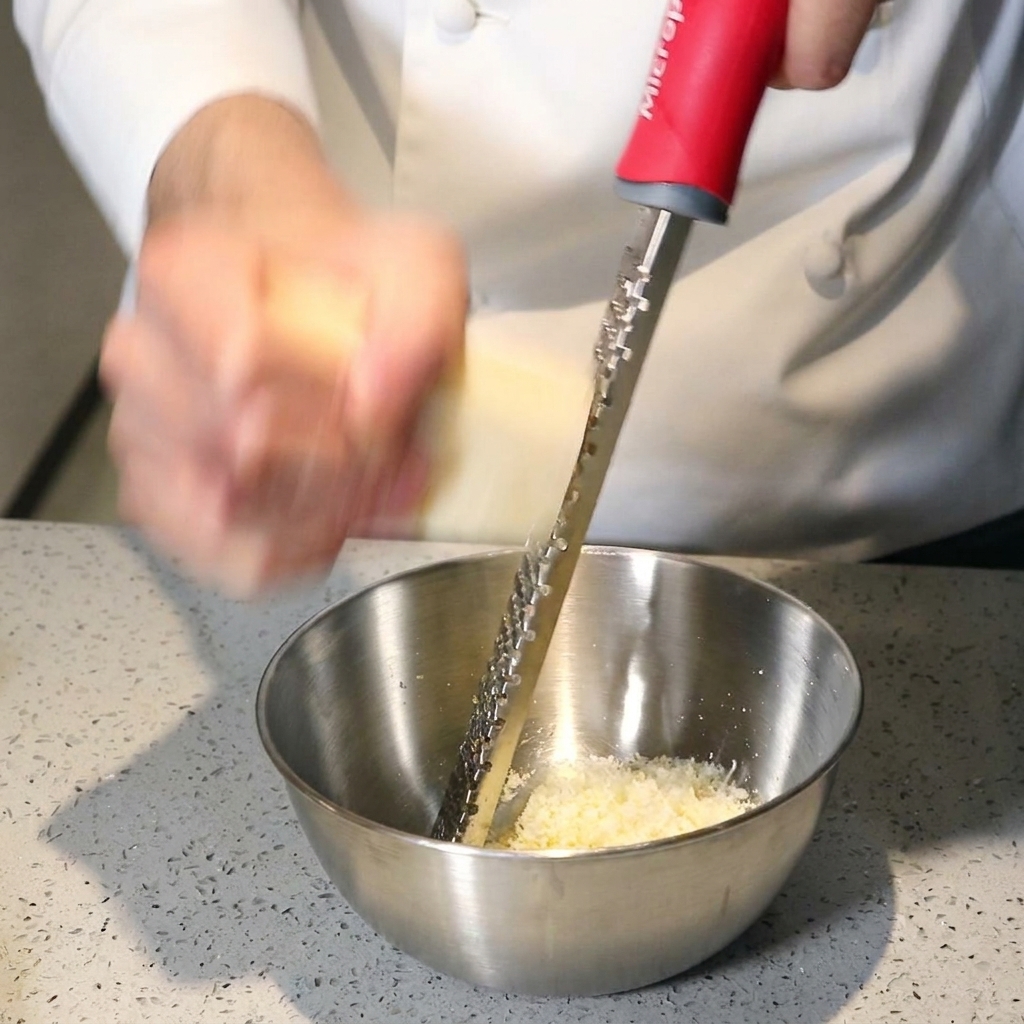 Mani che grattugiano velocemente un pezzo di formaggio stagionato sopra una ciotola dacciaio con una grattugia a mano.