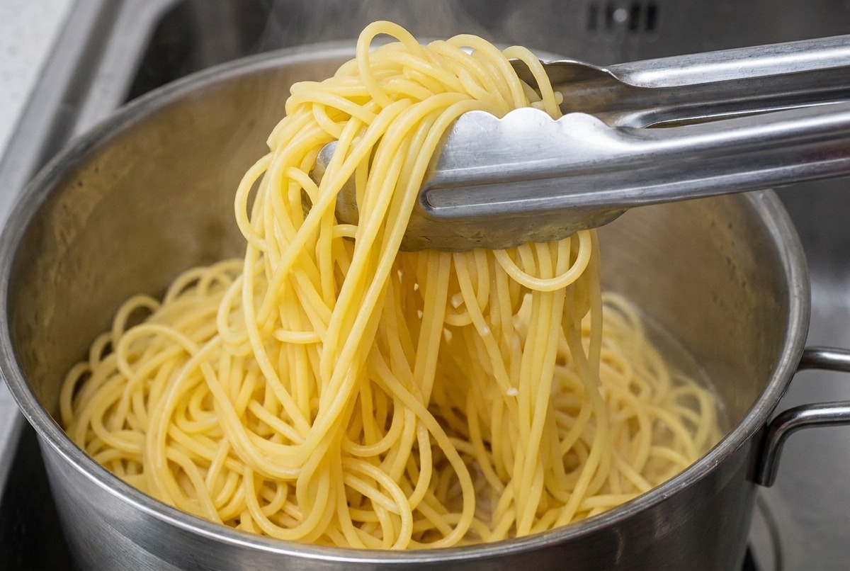 Pinze di metallo che sollevano spaghetti fumanti da una pentola per metterli in un vassoio dacciaio.