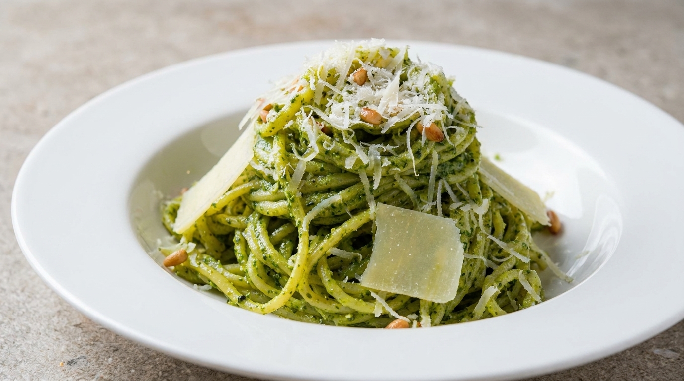 Spaghetti Cremosi al Pesto di Basilico e Pinoli Tostati
