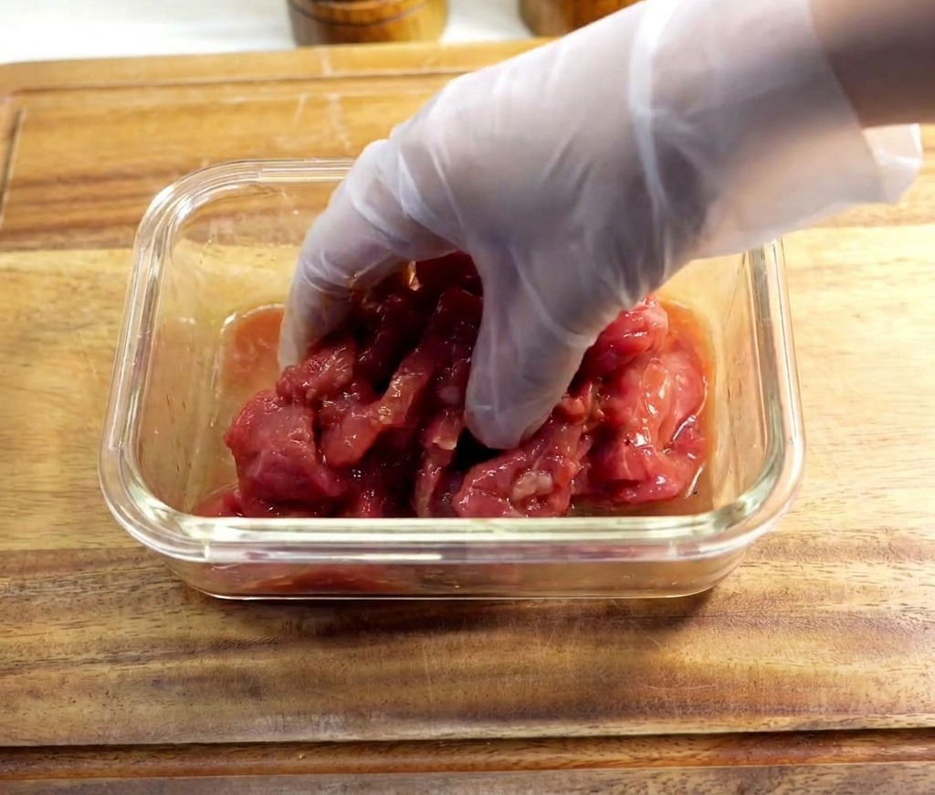 Una mano con guanto trasparente mescola le fettine di manzo marinate in una ciotola di vetro.