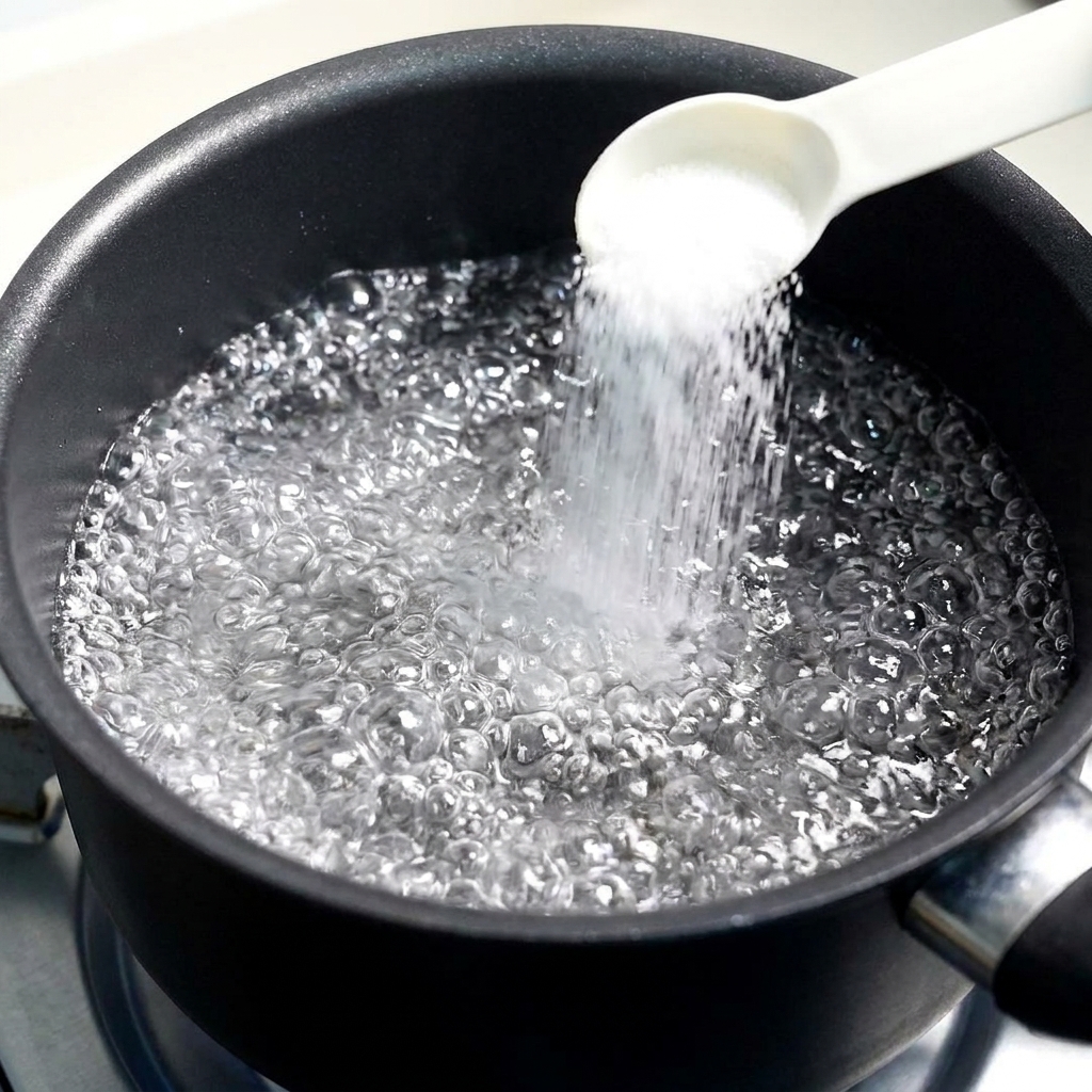 Sale versato da un misurino bianco in una pentola di acqua che bolle vigorosamente.
