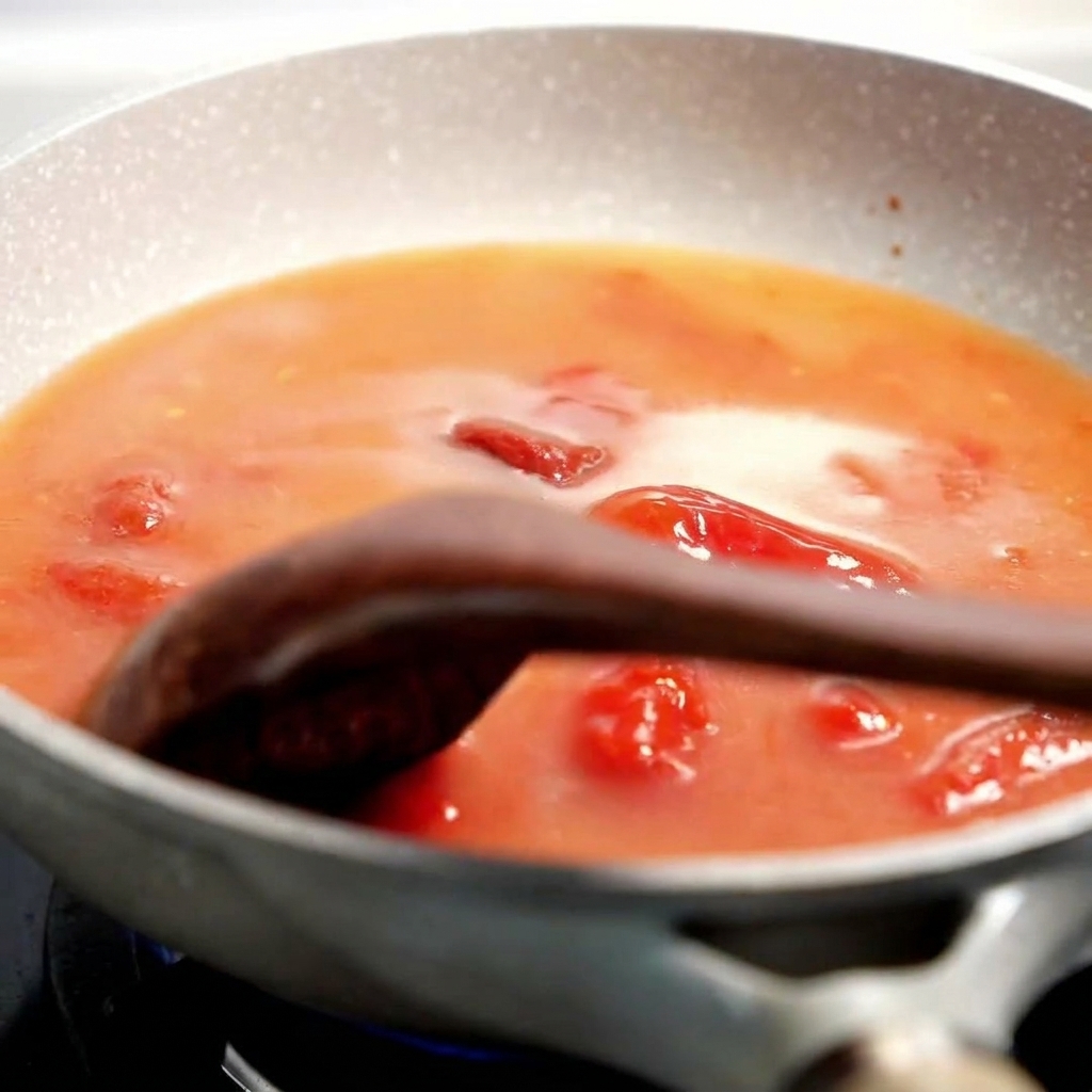 Una spatola di legno schiaccia pezzi di pomodoro in una salsa rossa densa in una padella.