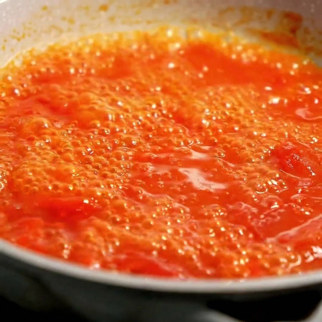 Primo piano di una salsa di pomodoro rossa vibrante che sobbolle in una padella larga.