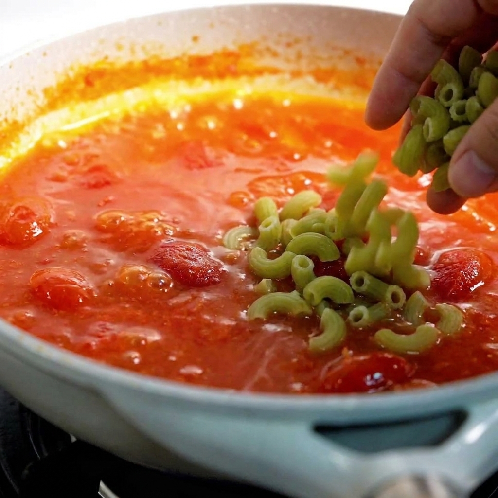 Mano che aggiunge maccheroni in una padella con salsa di pomodoro densa e pezzi di pomodoro visibili.