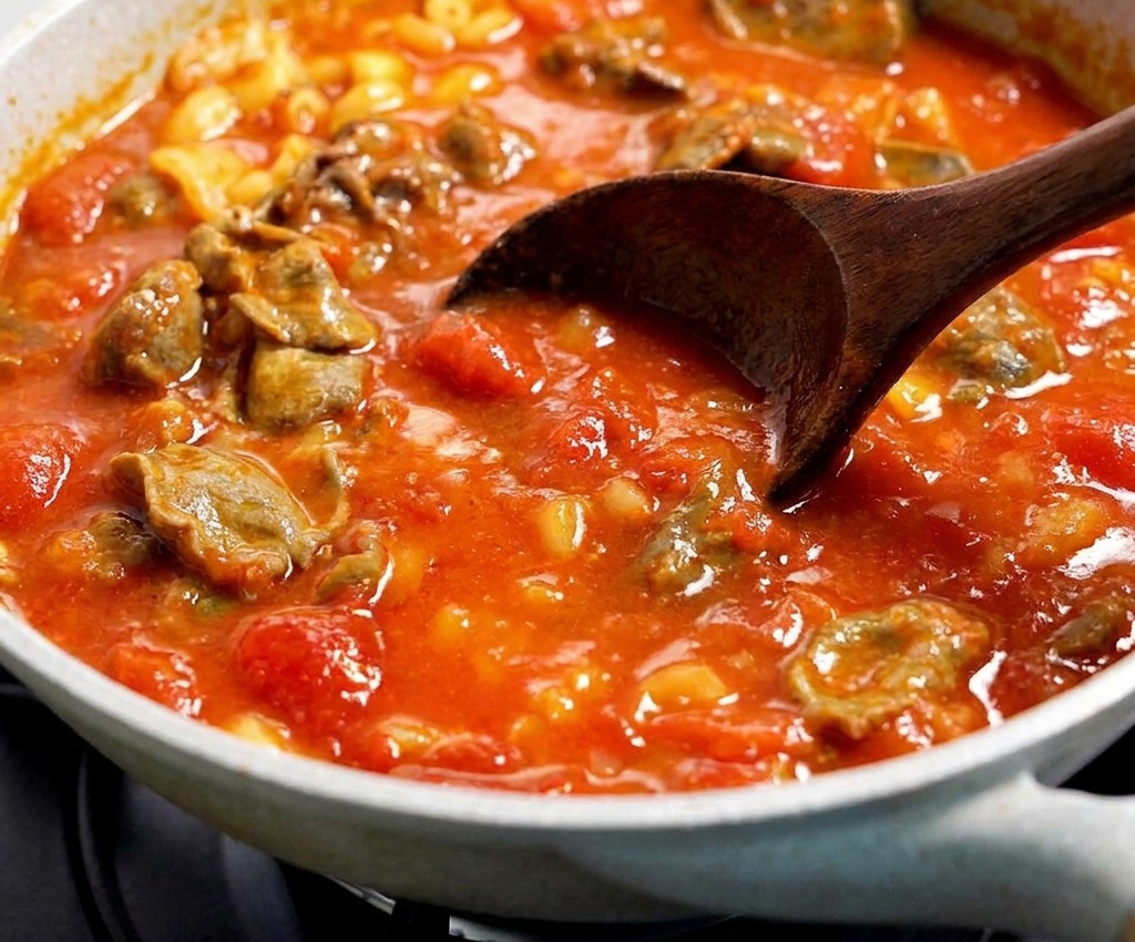 Maccheroni e straccetti di manzo saltati in una densa salsa di pomodoro rossa in padella.