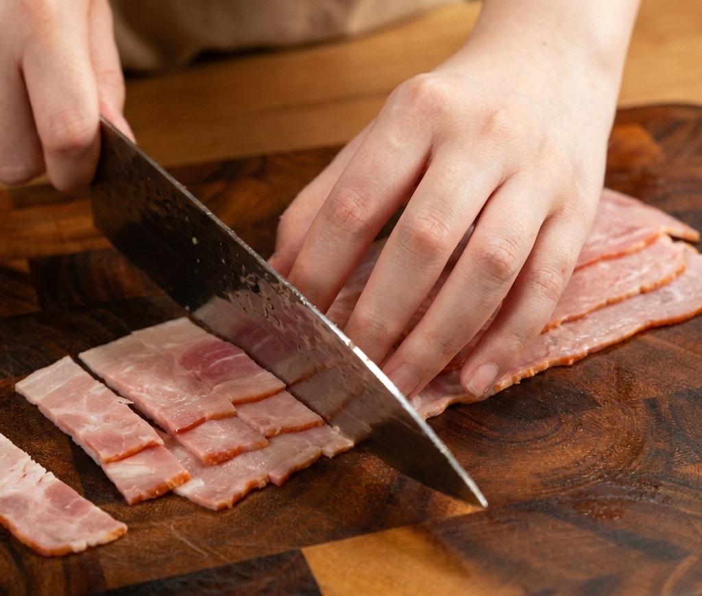 Mani che affettano strisce di bacon e tritano una cipolla bionda su un tagliere di legno.