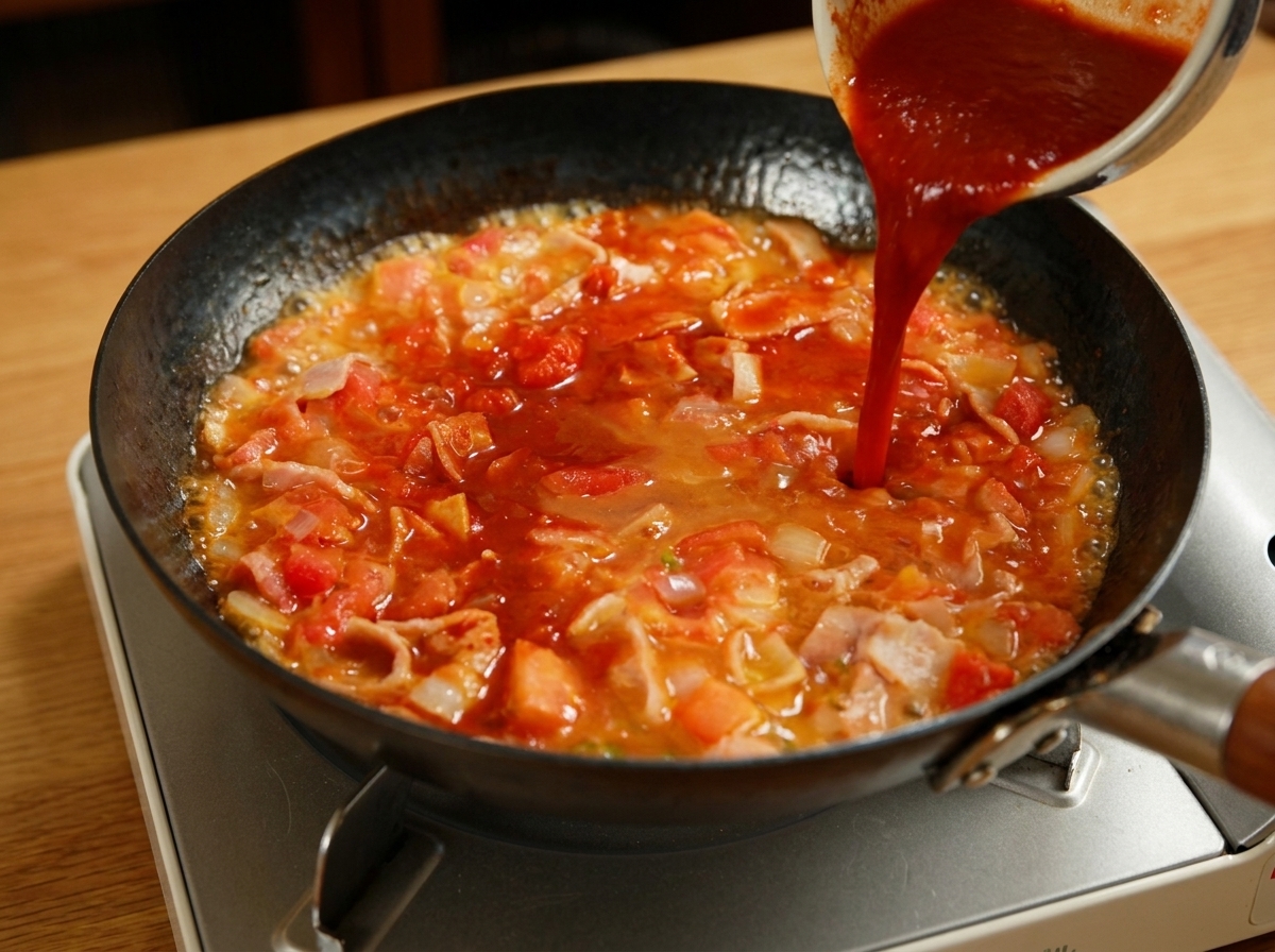 Una salsa rossa densa versata da una ciotola in una padella con pomodori, cipolle e bacon sfrigolanti.
