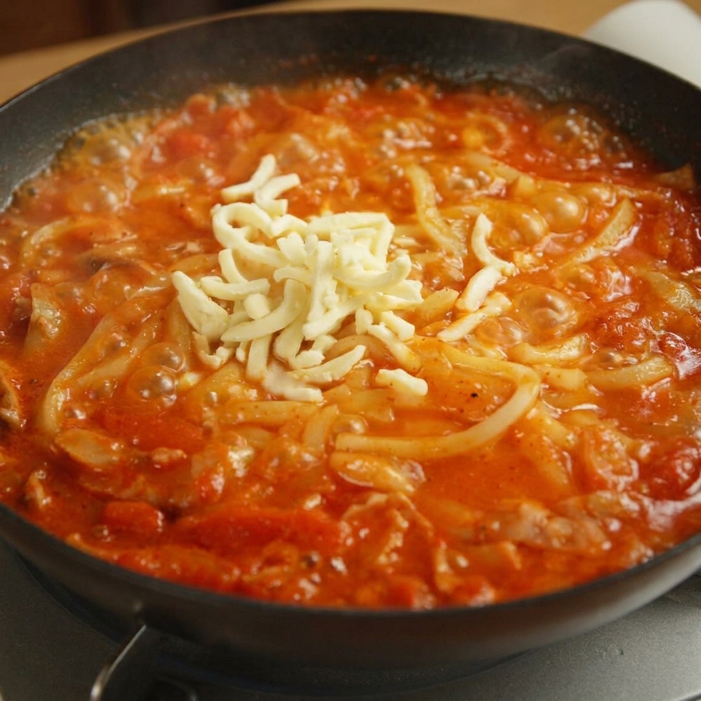 Mozzarella bianca grattugiata sopra i noodle udon in una salsa rossa piccante.