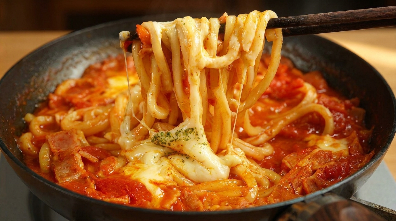 Udon Cremosi al Pomodoro e Formaggio con Bacon Croccante
