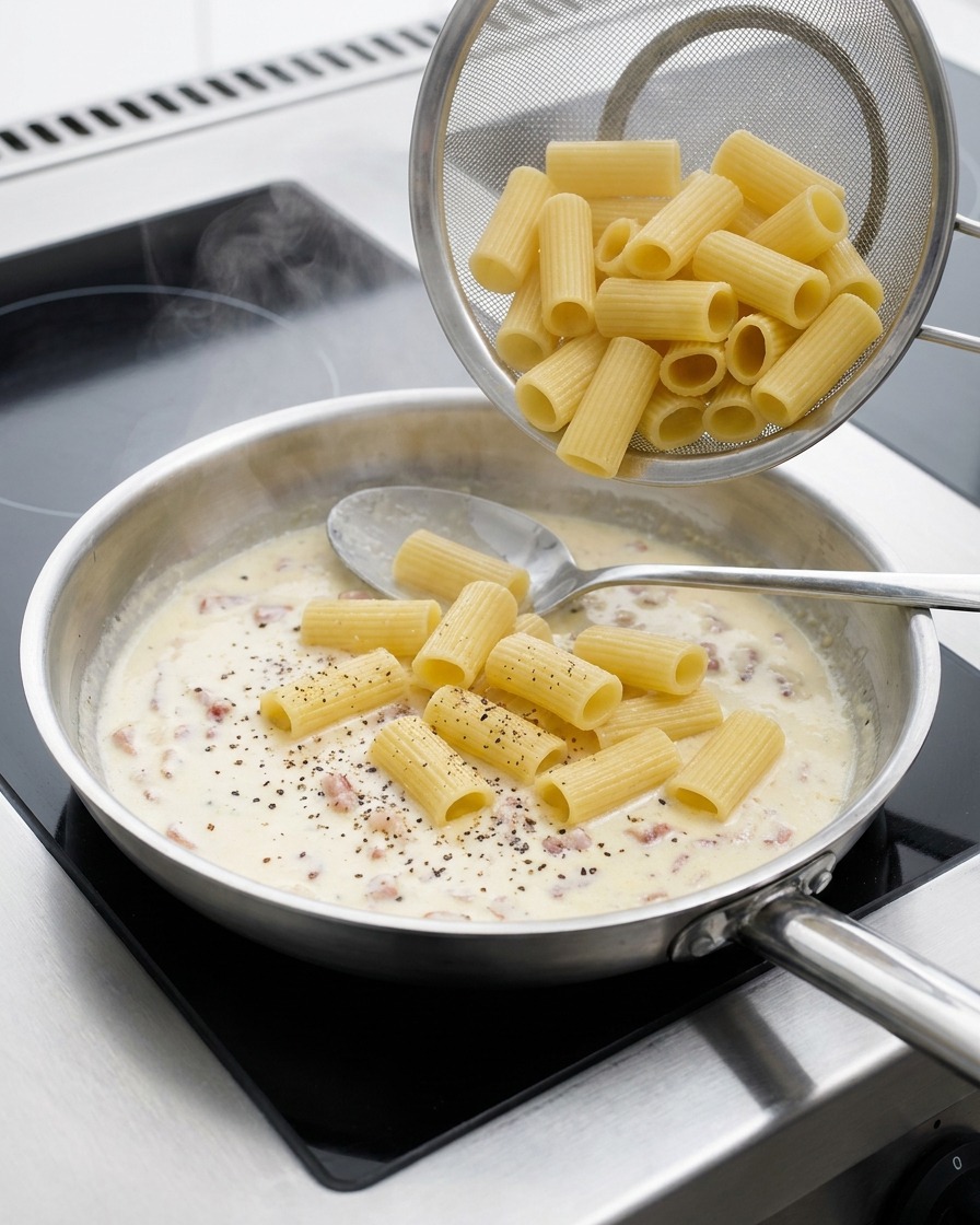 Un colino di metallo che versa i rigatoni cotti in una padella con salsa cremosa al bacon.