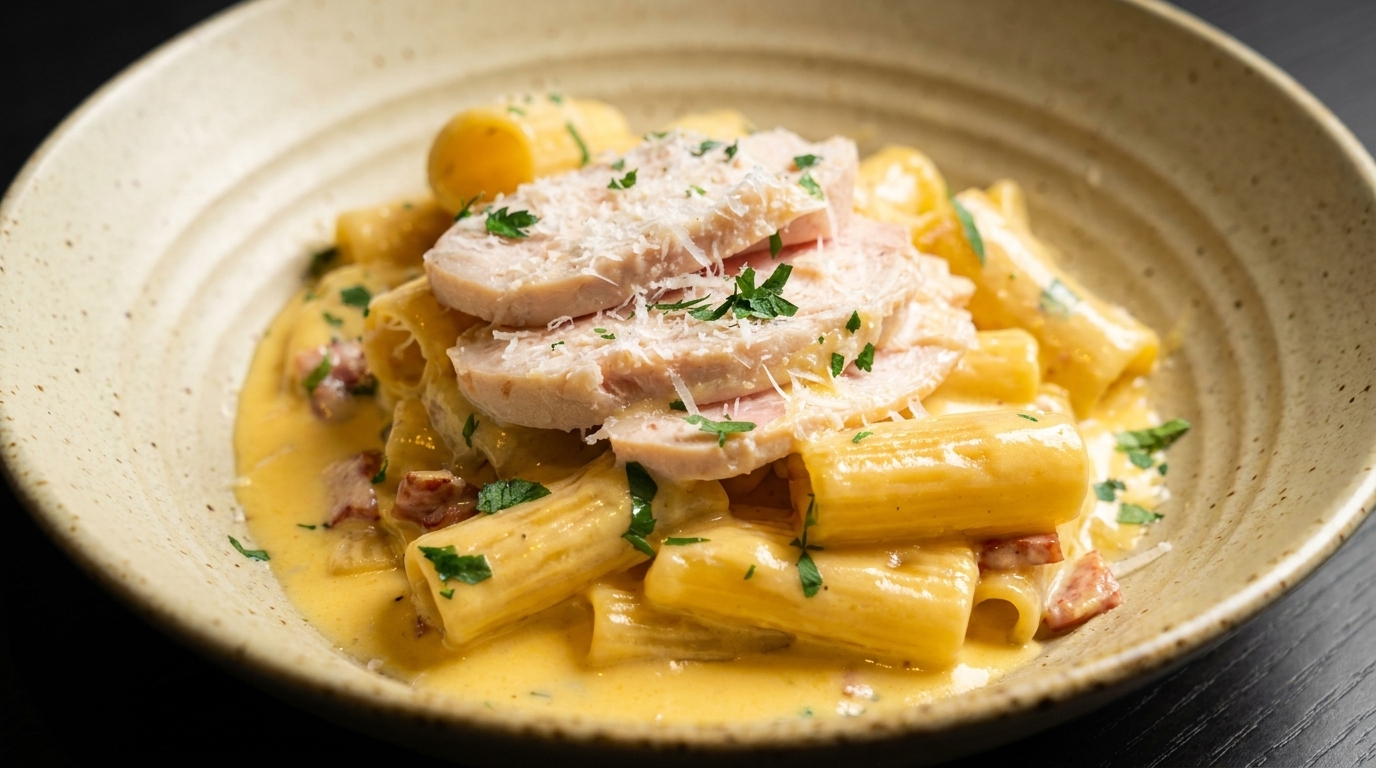 Rigatoni cremosi alla carbonara con bacon e pollo