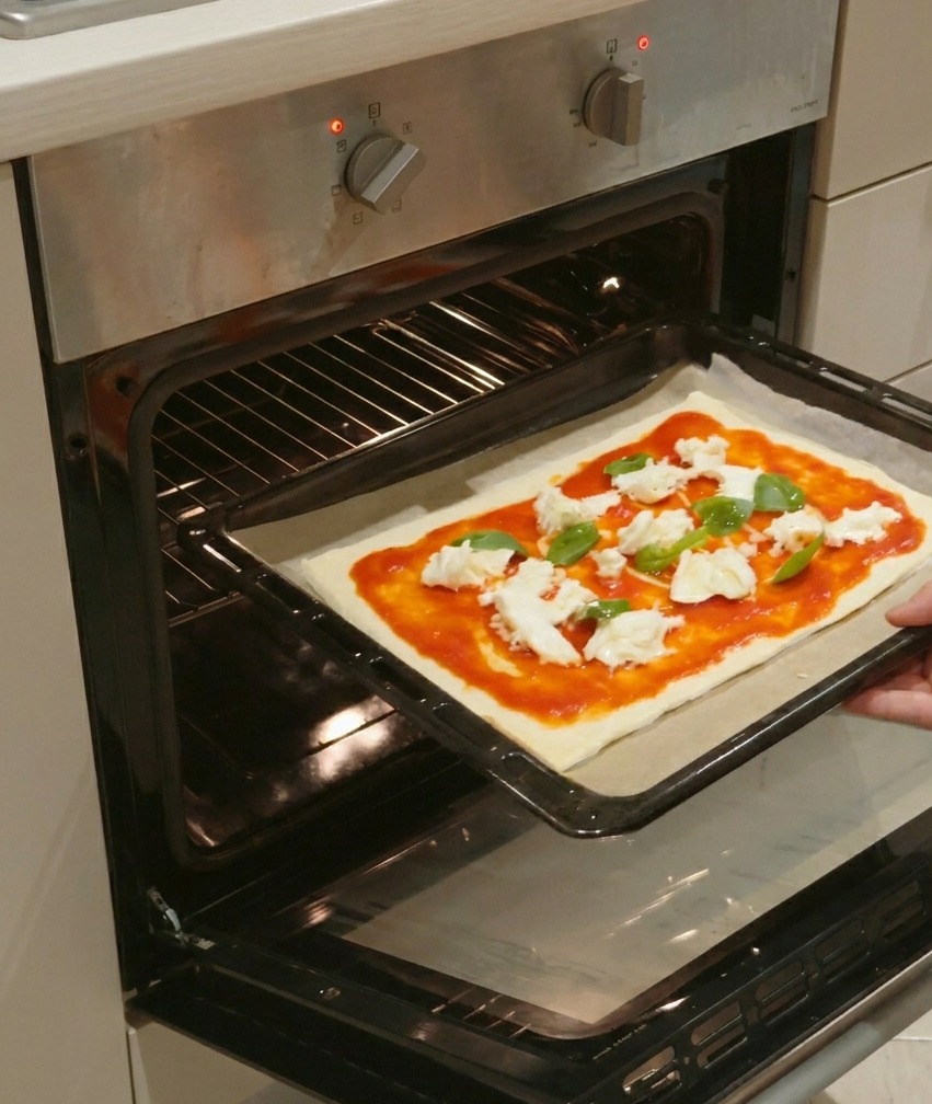 La mano di una persona che fa scivolare una teglia con una pizza Margherita cruda in un forno preriscaldato.