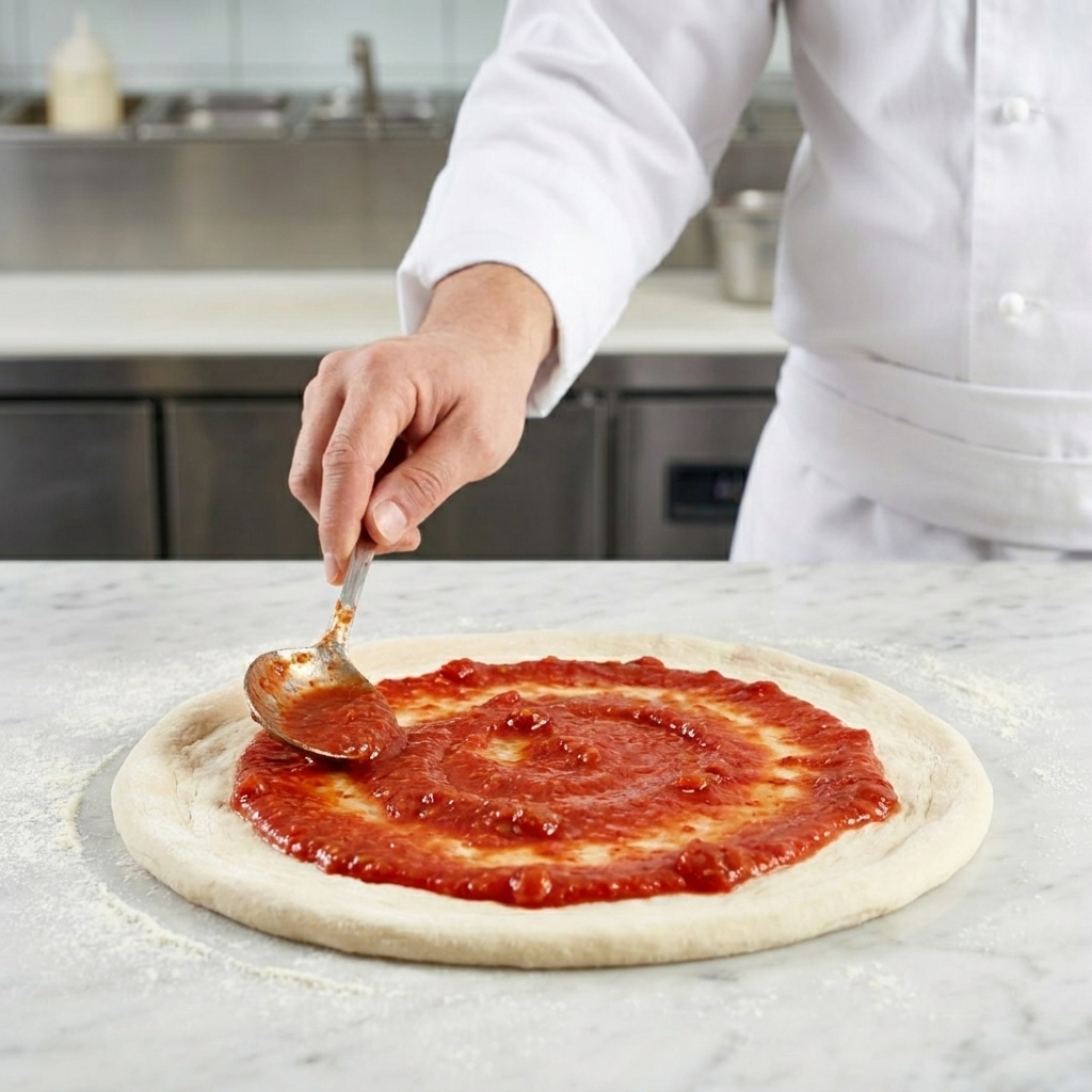 Un mestolo che distribuisce la salsa di pomodoro rossa con un movimento circolare sulla base della pizza cruda.