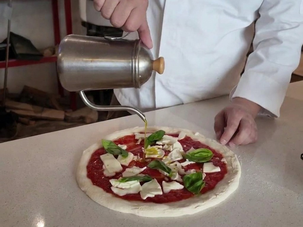 Unoliera tradizionale che versa olio extravergine su una pizza condita con pomodoro, mozzarella e basilico.