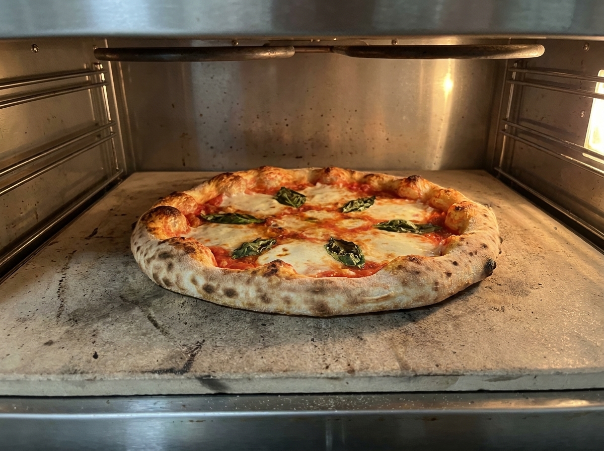 Una pizza Margherita che cuoce nel forno, mostrando il cornicione che si alza e si colora con la mozzarella che bolle.