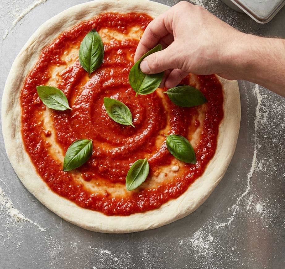 Mani che stendono la salsa rossa sulla base della pizza e aggiungono foglie di basilico verde fresco.