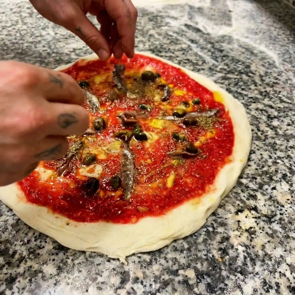 Mani che posizionano con cura olive nere su una pizza condita con pomodoro e acciughe.