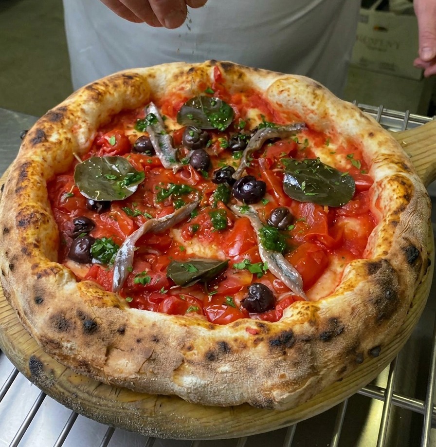 Una mano che sparge foglie di basilico fresco al centro di una pizza Marinara cotta.