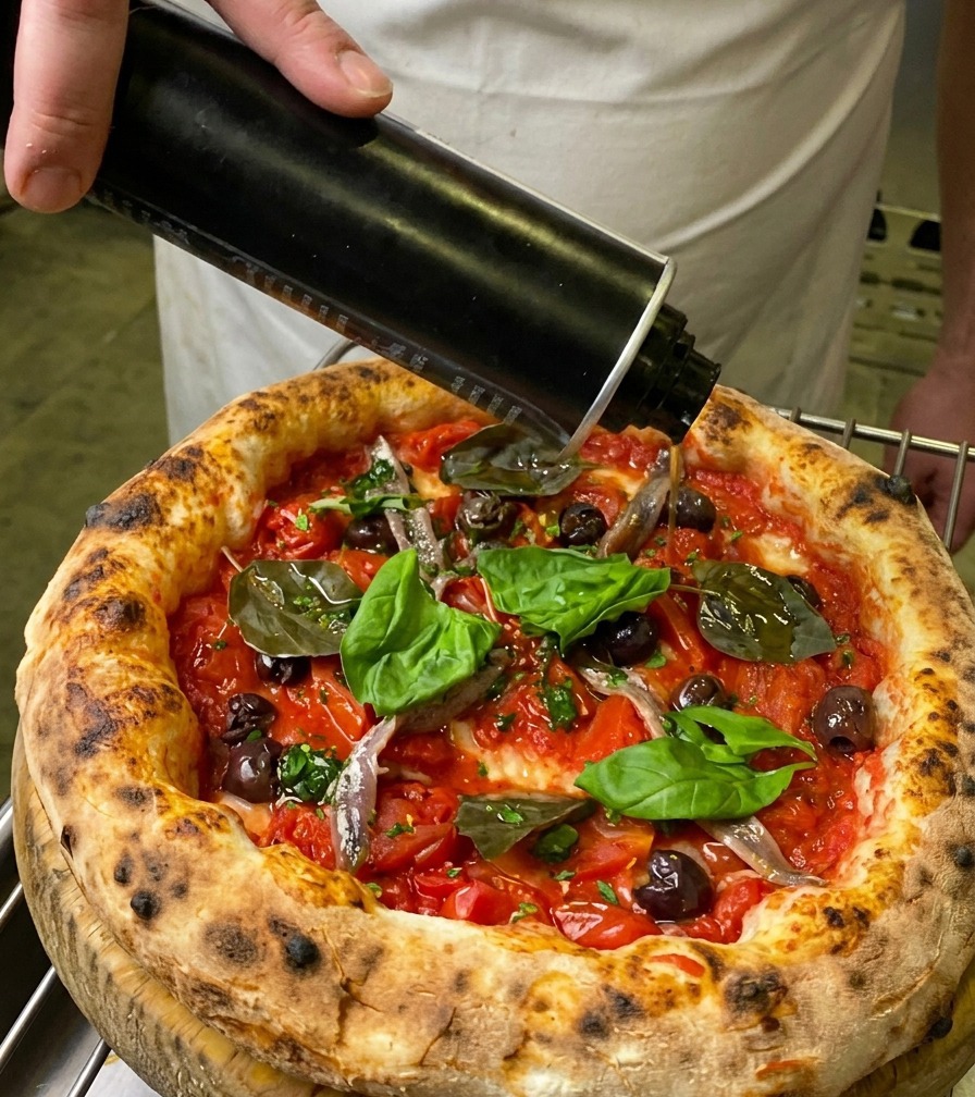 Un filo sottile di olio doliva versato da una oliera di metallo nera su una pizza napoletana appena guarnita.