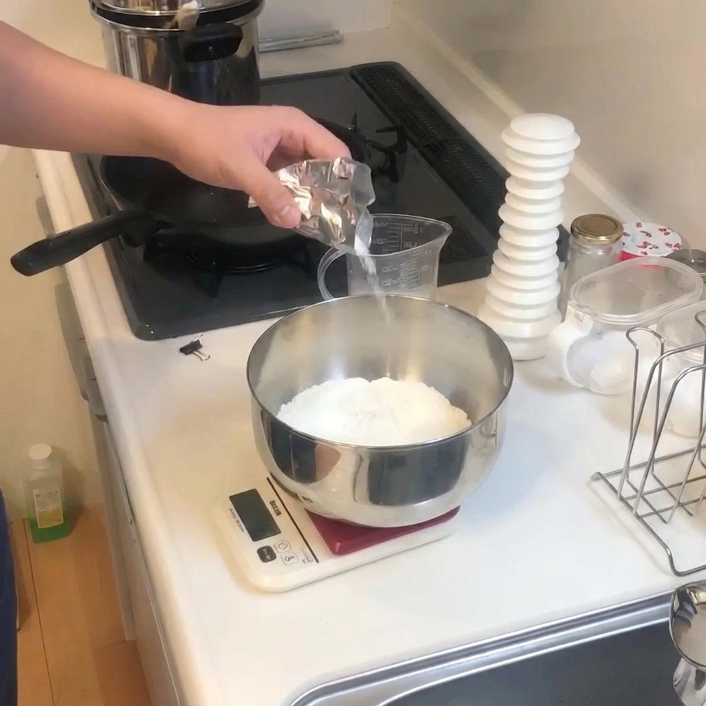 Una mano versa granuli di lievito secco da una bustina argentata in una ciotola di acciaio inox con farina bianca.