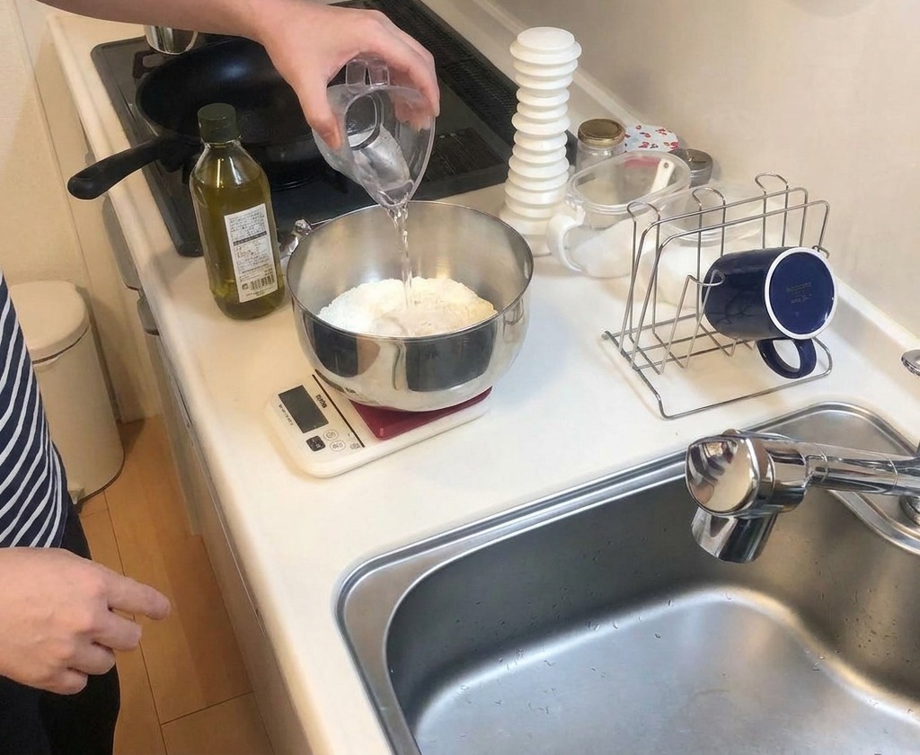 Acqua tiepida versata da un misurino di plastica in una ciotola di metallo con farina e altri ingredienti.